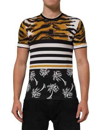 Dolce & Gabbana Multicolor Leopard Palm Leaf Men Crew Neck Mens T-shirt