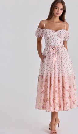 House of CB Penelope - Vestito midi in georgette bianco con stampa di rose e nastro-Multi