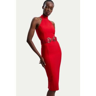 Karen Millen Bandage High Neck Buckle Trim Midi Dress in Red at Nordstrom, Size 10