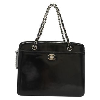 Chanel Vintage Cc Lock Pocket Chain Tote Patent Black Patent_Leather Handbag (Pre-Owned)