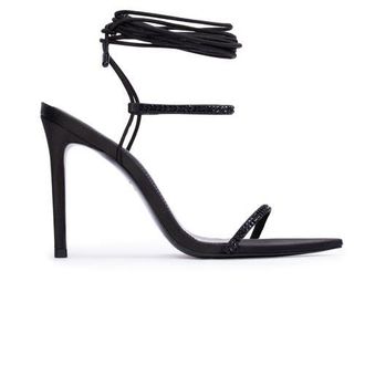 Black Suede Studio Lauren100 Strappy Sandal in Black Satin Embellished at Nordstrom, Size 37.5 Eu