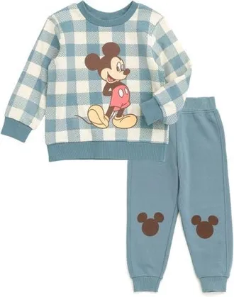 Disney Mickey Mouse Fleece Sweatshirt and Pants Set in Mickey Blue Plaid at Nordstrom, Size 12M