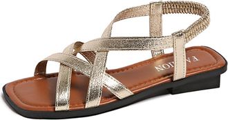 Generic Womens Fashion Square Open Toe Flat Sandals Slip On Comfort Lightweight Casual Summer Roman Beach Shoes (7.5,Gold)