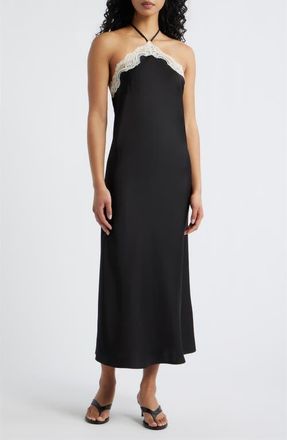 Lucy Paris Celia Lace Trim Halter Satin Dress in Black at Nordstrom, Size X-Small