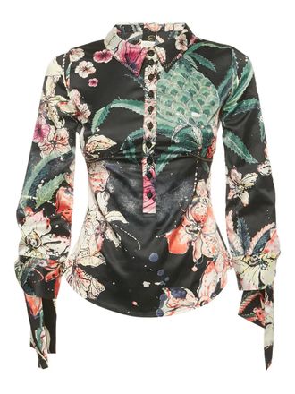Just Cavalli Satijnen blouse met bloemenprint - Zwart