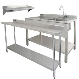 MonsterShop 6ft Stainless Steel Catering Bench, Stainless Steel Sink - Left Hand in Silver