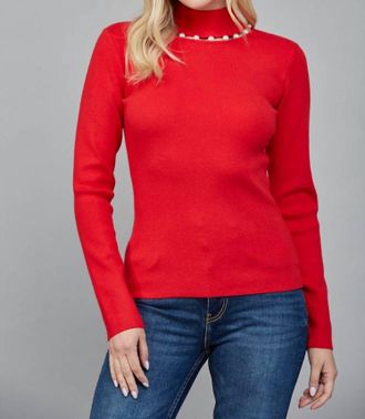 Fate Pearl Trim Turtleneck Sweater In Red