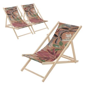 ECD Germany Ecd Germany 3x Sillas De Playa De Madera Con Dise&ntilde;o Floral Marr&oacute;n-rojo-verde Tumbona Plegable Con Respaldo Ajustable 3 Posiciones De Reclinaci&oacute;n Asien
