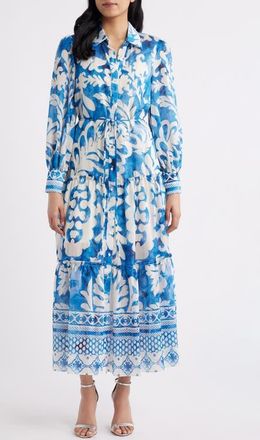 Julia Jordan Mixed Print Long Sleeve Tiered Shirtdress in Blue Multi at Nordstrom, Size 16