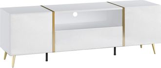 Vente-Unique Mueble TV con 2 puertas, 1 cajón y 1 estante - Blanco brillante y Dorado - MARZIALO