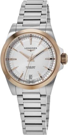Longines Conquest Automatic Silver Dial 18K Rose Gold Plated Bezel Steel Womens Watch L3.430.5.72.6