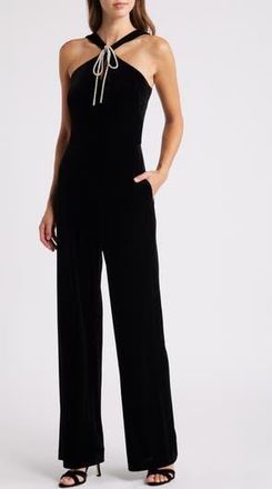 Eliza J Rhinestone Tie Neck Wide Leg Velvet Jumpsuit in Black at Nordstrom Rack, Size 10
