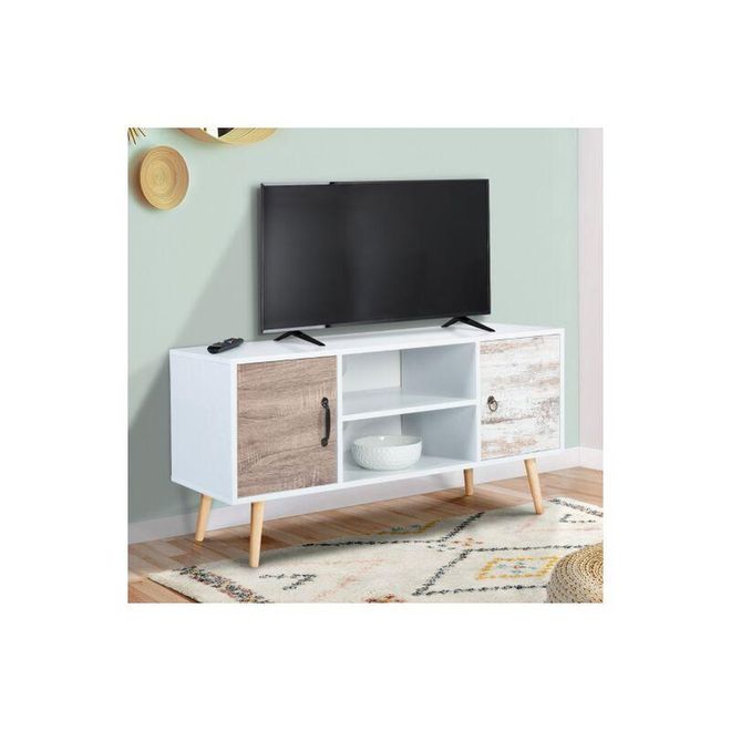 IDMarket Mobile TV Angolare ELI 100 Cm In Legno Faggio E Bianco – Con Armadio E Ripiano Passacavi, Salva-spazio Per Soggiorno