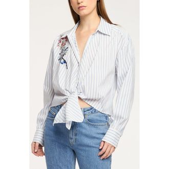 Cinq &agrave; Sept Marianna Twilight Spark Appliqu&eacute; Tie Front Shirt in White/Cornflower at Nordstrom, Size X-Large