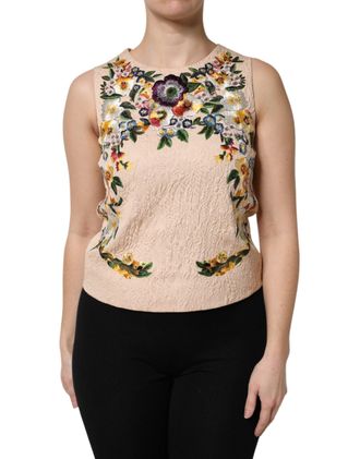 Dolce & Gabbana Womens Beige Floral Embroidery Sleeveless Tank Top Cotton Nylon