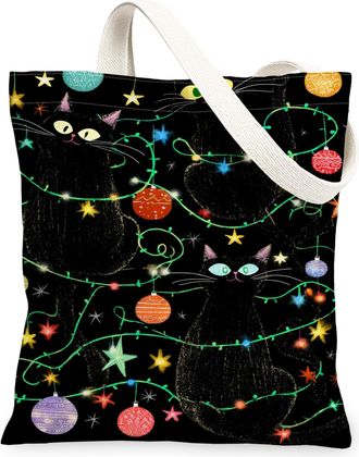 Generic Christmas Cat Canvas Tote Bags, Festive Kitty Design Reusable Grocery Bags, Lightweight Washable Shoulder Strap Canvas for, Black, 13x15 Inch