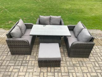 Fimous Rattan Garden Outdoor Furniture 3 PC Love Sofa Set Patio Adjustable Rising lifting Dining Table With Big Footstool in Dark Grey
