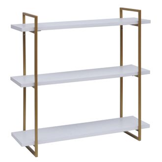 Hhg Hhg - Nunca Usado] Estante De Pared 631, Estante Colgante, Estante Flotante, 3 Estantes Madera Maciza Industrial 60x60x18cm, Blanco, Metal Dorado