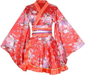 Generic Womens Sexy Short Kimono Costume Adult Japanese Geisha Yukata Prints Gown Blossom Fancy Dress with Obi Belt (Red, One Size)