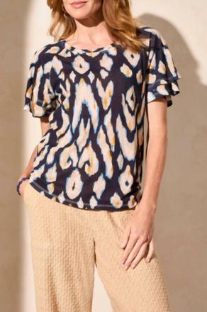 Tribal Ruffle Sleeve Top In Navy