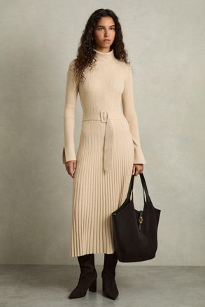 Reiss Womens Beige Ribbed Belted Midi Dress, Size: M