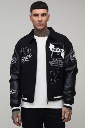 Boohooman Mens Tall Boxy Fit Melton & PU Mixed Fabric Applique Varsity Jacket - Black - Size X-Large