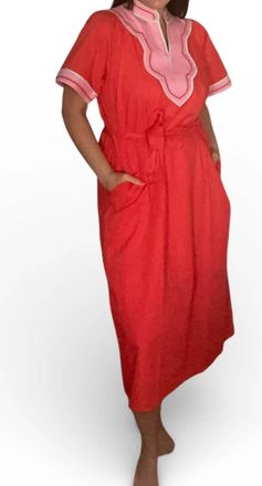 THML Clothing Caroline Short Sleeve Trimmed V-Neck Belted Maxi Dress In Red