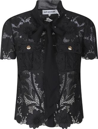 Self Portrait Lace Tie Neck Top - Dames - Blouses - Zwart - XS - Overhemden