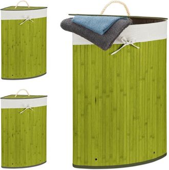 Relaxdays Relaxdays 3x Corner Laundry Baskets Bamboo, Foldable Bin 60 L, Space-saving, Cotton Bag, HxWxD: 65 x 49.5 x 37 cm, Green
