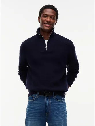 Tommy Hilfiger Mens Fisherman Knit Quarter-Zip Sweater - Navy Blue - XL