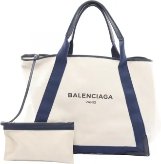 Balenciaga Navy White Canvas Leather Handbag Tote Bag (Pre-Owned)