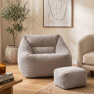 Icon Brand Bean Bag Armchair & Footstool Jumbo Cord Bundle in Light Grey