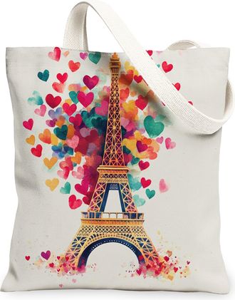 Generic Romantic Hearts Canvas Tote Bags, Colorful Love Pattern Reusable Grocery Bags, Vintage Parisian Lightweight Washable Shoulder Strap Canvas for Travel 