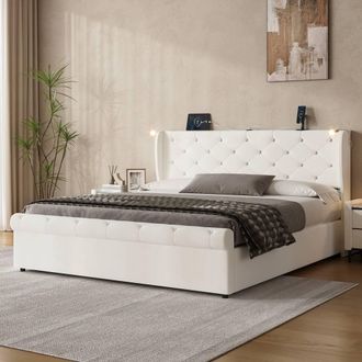 Merax Beige Velvet 5ft King Size Ottoman Storage Bed with Reading Light