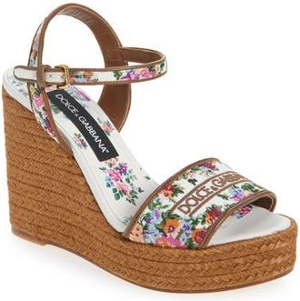 Dolce & Gabbana Floral Embroidered Espadrille Wedge Sandal in Bianco/Multicolor at Nordstrom, Size 10Us