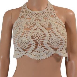 Minkpink Dreamweaver Halter Tie Strap Crochet Bikini Top In Ivory