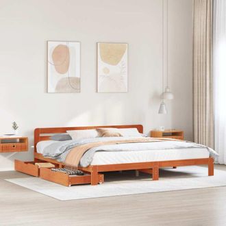 vidaXL Cama Sin Colch&oacute;n Madera Maciza De Pino Marr&oacute;n Cera 180x200 Cm Vidaxl