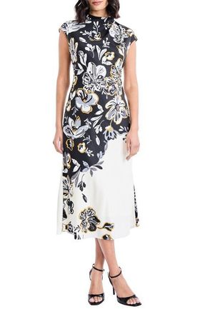 Maggy London Placed Metallic Floral Midi Dress in Cream/Grey at Nordstrom, Size 10