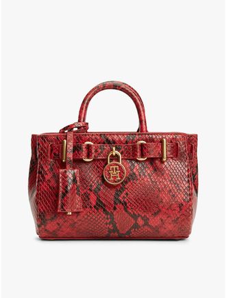 Tommy Hilfiger Womens Snake-Embossed Leather Micro Tote Bag - Red