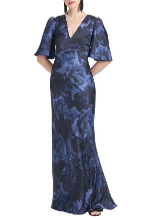 Sachin & Babi Mae Floral Print Satin Crepe Trumpet Gown in Deep Ocean Bouquet at Nordstrom, Size 2