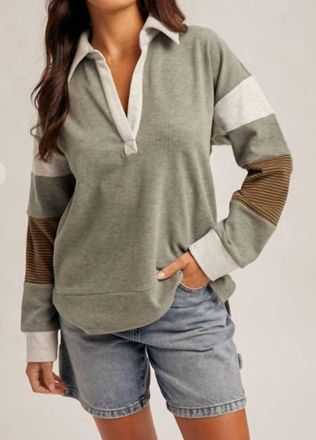 Hem & Thread Brushed Jersey Stripe Mix Color Block Pullover In Olive