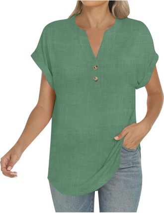 Generic Ladies Summer Tops Button Short Sleeve V Neck Tops Dressy Casual Hawaiian Shirts Cotton Linen Workout Holiday Tunic Blouses Loose Fitted Floral Boho W