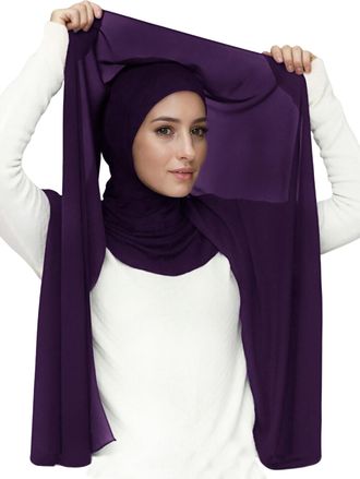 Lina & Lily Flowy Chiffon Instant Hijab Scarf Attached Jersey Ninja Undercap Full Coverage for Muslim Women (Dark Purple)