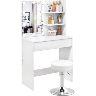 Woltu Dressing Table with Stool, Drawer Storage Cabinet, Bedroom Vanity, Dresser Table + 3 Colours led Light, White - Woltu