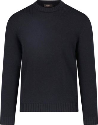 Zanone Black Ribbed Detail Crewneck Wool Sweater