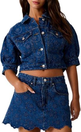 Steve Madden Serafina Crop Denim Eyelet Jacket in Blue Depths at Nordstrom, Size X-Small