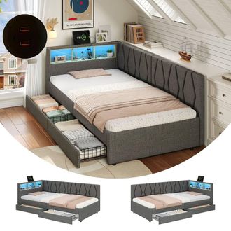 Matteo Grey Linen Single Daybed with Storage, LED Lighting & Charging Station
