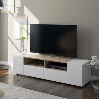 Dmora Dmora - Mueble Tv Para Sal&oacute;n Con Dos Puertas Batientes, Dos Puertas Abatibles Y Dos Baldas Peque&ntilde;as, Color Blanco Con Detalle De Roble, Medidas 138 X 