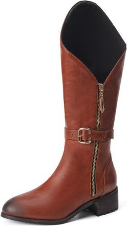 Generic Womens Round Toe Mid-Calf Boots PU Leather Knight Boots with Side Zipper Block Heel Long Boot with Buckle,Yellow,5.5 UK