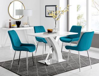 Furniturebox Atlanta White High Gloss & Chrome 4 Seater Dining Table with X Shaped Legs & 4 Soft Velvet Pesaro Chairs in Blue